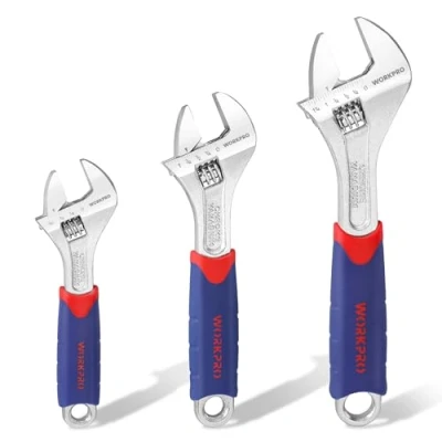 Immagine di WORKPRO Set di Chiavi Regolabili 3 Pezzi, Chiave a Rullino 150, 200, 250mm, Inglese Regolabile Bocca Larga 19, 24, 28mm, con Impugnatura in Gomma