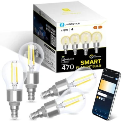 Immagine di Aigostar Lampadine Alexa, Led E14 Vintage, G45 Transparente Filamento a Globo, 4.5W, 470LM, Bianco Caldo Dimmerabile 2700K 6500K, Compatibile con Alexa e Google Home, 4 Unità