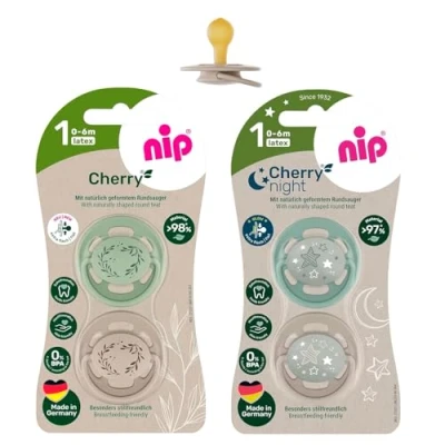 Immagine di NIP Day &amp; Night Cherry ciuccio misura 1 (0 6 mesi) 4 pezzi (2 + 2 Il bottone si illumina al buio)