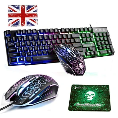 Immagine di UK Layout Tastiera e Mouse con Filo Set T6 Arcobaleno retroilluminato USB ergonomico Multimedia Gaming Keyboard + dpi 6 Tasti LED Free per Misura Standard