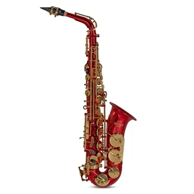 Immagine di Roy Benson Eb Alt Saxophone AS 202R (corpo in ottone pregiato e chiave F# alta, incluso bocchino, panno per la pulizia cinghia il trasporto, con pratico set di zaini), rosso