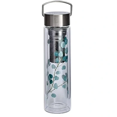 Immagine di Eigenart FLOWTEA Eucalyptus 50020 Borraccia a doppia parete in vetro borosilicato con coperchio acciaio inox, custodia neoprene e colino, senza BPA, 400 ml