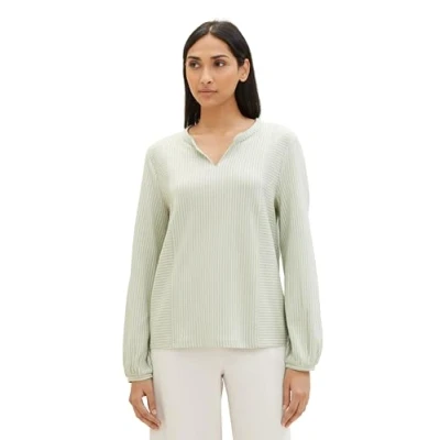 Immagine di TOM TAILOR 1040546 Maglietta a Maniche Lunghe, 34914 Desert Green White Thin Stripe, XXS Donna