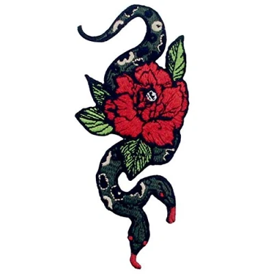 Immagine di Toppa ricamata da applicare con ferro stiro o cucitura, tema: Serpente e fiore a due teste