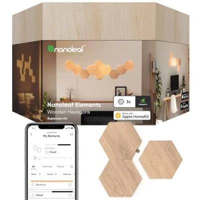 Immagine di Nanoleaf Elements Expansion Pack, 3 Esagoni Led Aggiuntivi Effetto Legno Applique da Parete Interno Modulari, Luci Dimmerabile WiFi, Funziona con Alexa, Sincronia Musicale, Decorazioni Casa