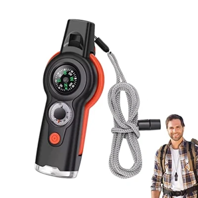 Immagine di Bussola Multifunzione, Fischietto di Sopravvivenza Emergenza da Campeggio, Termometro con Fischietto, Lente d&#039;Ingrandimento A Specchio LED Multiutensile per Arancia