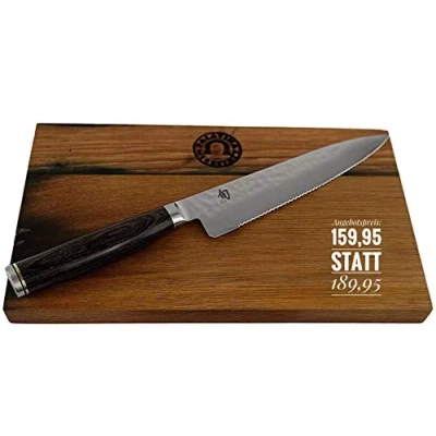 Immagine di Kai Shun Premier Tim Mälzer TDM 1722 Coltello multiuso per pomodori con lama ondulata, da 16,5 cm, tagliere in legno di veto, 25 x 15 cm
