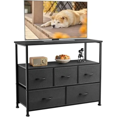 Immagine di DUMOS Comò, Trucioli in Legno, Acciaio, Pannello Frontale Tessuto, Cassetti 5 TV Bianco, 100T x 30B 81H cm (5 Schubladen)