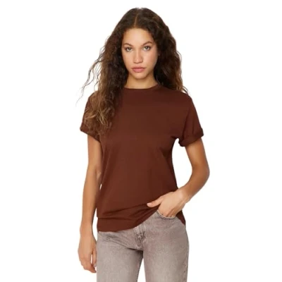 Immagine di Trendyol T Shirt Donna Maglietta Basics Boyfriend Basic Girocollo in Maglia, Marrone, XL