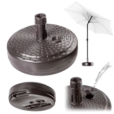 Immagine di KADAX supporto per ombrelloni, rotondo riempibile con sabbia acqua o ghiaia, in plastica giardino, terrazza, spiaggia (versione 2 rotonda, marrone)