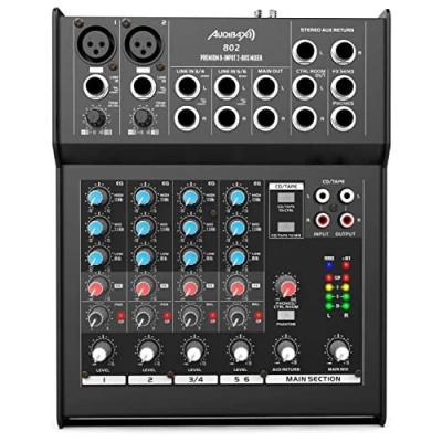 Immagine di Audibax 802 Console di Mixaggio Suono Mixer Audio a 6 Canali 2 Preamplificatori Microfonici Ingressi Jack Stereo Equalizzatore 3 Bande Alimentazione Phantom 48 V