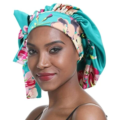 Immagine di SENGTERM Cappello da Notte Raso,Berretto Seta Doppio,Strato Cuffia Capelli Fascia Elastica Ricci per Dormire Lunghi Donna Nera