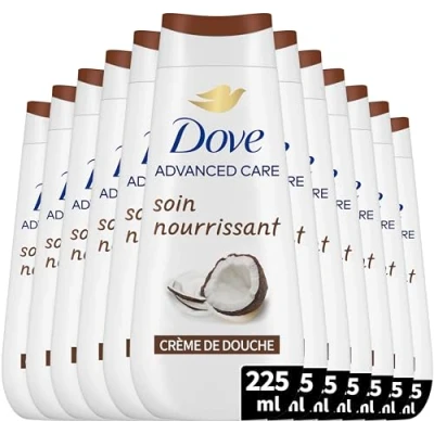 Immagine di DOVE Crema doccia Advanced Profumo di cocco e mandorla Cura nutriente Dermatologicamente testato Sensazione pelle morbida per 24 ore (confezione da 12 x 225 ml)