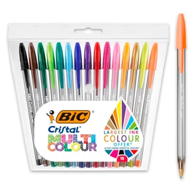 Immagine di BIC Cristal Multicolour, Penne a Sfera Colorate, Punta Larga 1.6mm, Set Scrittura 15 Unità, Cancelleria Scuola e Ufficio