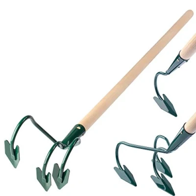 Immagine di Kadax Grubber, artiglio da giardino, zappa giardino allentarsi il pavimento, coltivatore a mano in metallo, di fiori, accessori (3 denti, con maniglia legno)