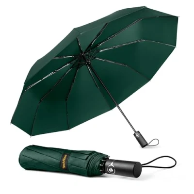 Immagine di TechRise Ombrello Pieghevole, Automatico Antivento Compatto e Forte con 10 Stecche, Apertura Chiusura un Solo Pulsante, da Viaggio Portatile Leggero per Uomini Donne, Verde