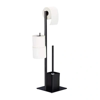 Immagine di Relaxdays Set di Accessori per WC con Piantana Portarotolo, Porta Scopino, Autoportante, HxLxP: 72 x 25 20 cm, Nero
