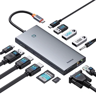 Immagine di Baseus Docking Station USB C per 3 Monitor, 13 in 1 Hub con 2 HDMI 4K@60Hz, DisplayPort 4K@120Hz, VGA, Port Dati de 3.1 10Gbps, PD 100W ed Ethernet, Compatibile Dell/HP/Lenovo/Surface