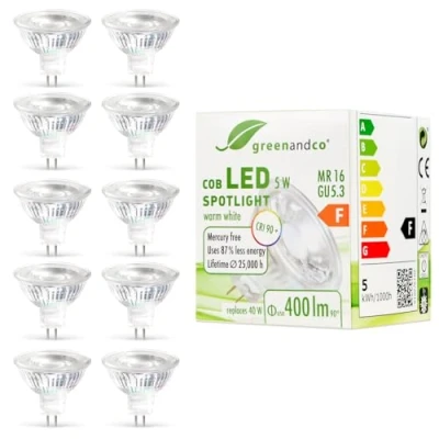 Immagine di greenandco 10x Faretto a LED MR16 GU5.3, 5W 430lm 3000K (bianco caldo) COB 38 12V AC/DC, non dimmerabile