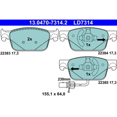 Immagine di ATE 13.0470 7314.2 Kit pastiglie freno con segnalatore usura integrato AUDI: A4 B9 Avant, A5 Sportback, Allroad
