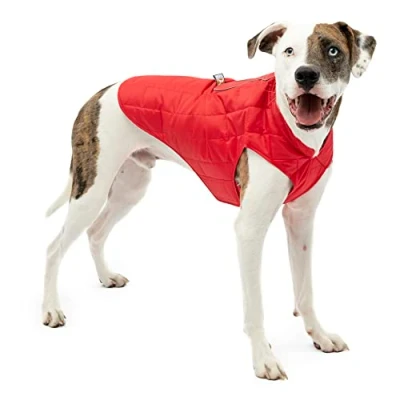 Immagine di Kurgo Loft Cappotto Reversibile per Cani, Resistente all&#039;Acqua, Riflettente, Leggero, Compatibile con Imbracatura Rosso/Grigio, L