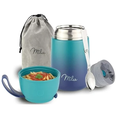 Immagine di Milu Thermo per Alimenti 650 ml Contenitore Termico di Acciaio Inossidabile, Isotermico Sottovuoto Cibi Caldi e Freddi (Verde Blu, 650ml)