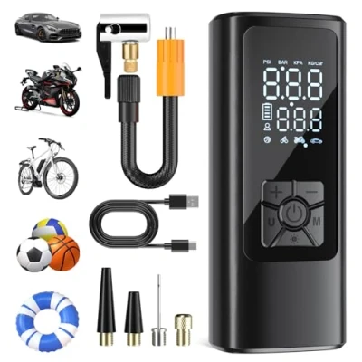 Immagine di HOVVIDA Compressore ad Aria Portatile, Portable Electric Air Compressor 150 PSI (10,3 Bar) 5V, Inflazione Rapida, Spegnimento Automatico, 5200 mAh, LED, per Auto, Moto, Bicicletta, Palla