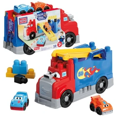 Immagine di MEGA Bloks Autotreno Monta e Sfreccia, set veicolo di 19 blocchi da costruire con custodia, 2 macchinine corsa incluse, giocattolo per bambini, 1+ anni, JFR29