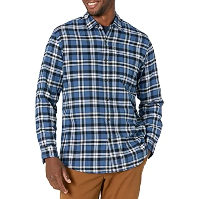 Immagine di Amazon Essentials Camicia in Flanella a Maniche Lunghe (Disponibile Taglie Extra Forti) Uomo, Bianco Blu Motivo Scozzese, S