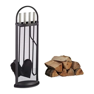 Immagine di Relaxdays Accessori Camino, 5 Accessori, Porta Attrezzi, Paletta, Scopetta, Pinza, Attizzatoio, Nero