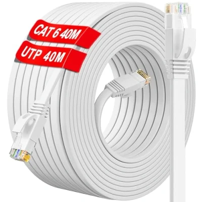 Immagine di Cavo Ethernet Cat 6 da 40 metri, Esterno Interno Piatto LAN metri Lungo, di Rete Alta Velocità 250 MHz Bianco UTP RJ45 Internet, Gigabit Patch per Router Modem Swith (40 Clips)