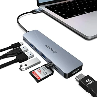 Immagine di Adattatore USB C 7 in 1 a HDMI HOPDAY con 4K, tipo 100 W PD, 5 Gbps 3.0, lettore di schede SD/TF, docking station per MacBook Air/Pro, iPad, Windows