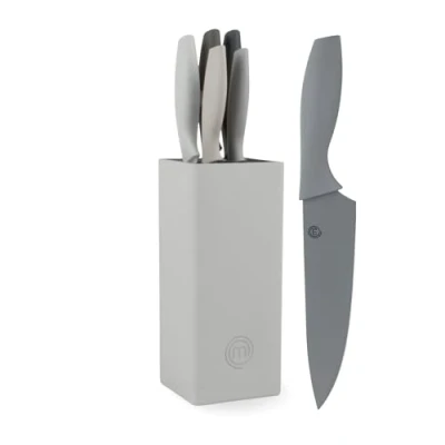Immagine di MasterChef Set Coltelli da Cucina con Ceppo Universale, Portacoltelli Lama Affilato per Pane, Carne, Verdure e altro, Acciaio Inox, Prova di Calore, Manici Grigi, 5 Pezzi