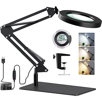 Immagine di Lampada da Scrivania Ingrandente LED 5X con Base e Morsetto,Lente d&#039;ingrandimento Luce Supporto 3 Modalità di Colore e10 livelli Luminosità Estetista Braccio Snodabile Regolabile