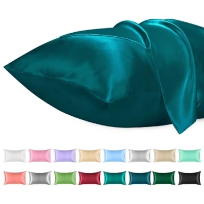 Immagine di Lirex Set di 2 Federe in Raso, Decorativi Morbido Tinta Unita Quadrate Cuscini Federa Satin per Cuscino Senza Rughe Resistente Allo Sbiadimento Traspirante(Blu Pavone, 40 x 80 cm)