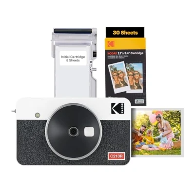 Immagine di KODAK Mini Shot 2 Retro 4PASS in 1, fotocamera istantanea e stampante fotografica portatile (5,3 x 8,6 cm) + pacchetto con 68 fogli, colore: bianco.