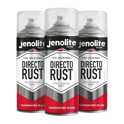 Immagine di JENOLITE Directorust Vernice Aerosol Lucida ROSSO CREMISI spray multisuperficie Per l&#039;uso su legno, metallo, plastica, ceramica e superfici arrugginite 3 x 400ml RAL3027