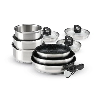 Immagine di Qulinart Batteria da cucina a induzione 10 pezzi Set di 3 pentole, padelle antiaderenti, coperchi e manico rimovibile Acciaio inossidabile Tutto il fuoco Argento/Nero