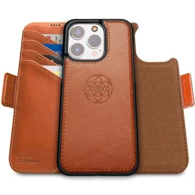 Immagine di dreem Fibonacci compatibile con iPhone 16 Pro Max custodia a portafoglio/custodia antiurto 2 in 1 e folio pelle vegana staccabile, MagSafe, protezione RFID [Caramello]