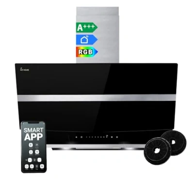 Immagine di Cappa aspirante 80 cm da parete con altezza in piedi acciaio inossidabile vetro nero WiFi Spegnimento automatico Illuminazione LED RGBW Controllo tattile HERMES8005SM