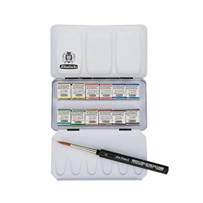 Immagine di Schmincke HORADAM® AQUARELL scatola di pittura con 12 colori acquarelli sopraffini, 1 pennello daVinci, 74 012 097, metallo, set pittura, ad acquarello x 1/2 godet