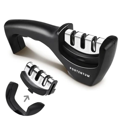 Immagine di PORTENTUM Affilacoltelli professionale manuale per coltelli da cucina a 3 fasi design ergonomico con finitura nera/cromata