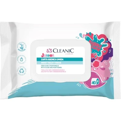 Immagine di Cleanic Junior Carta Igienica Monouso per Bambini Combinazione di e Salvietta Umida Profumo Gomma da Masticare Aloe Vera Pantenolo 40 pezzi