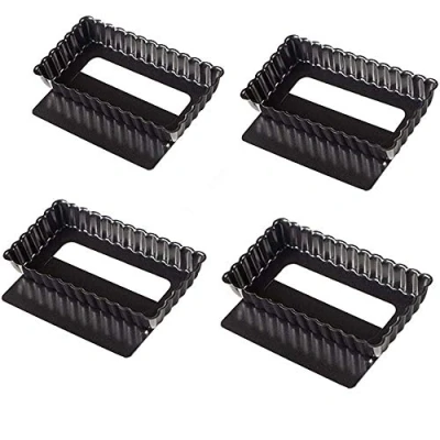 Immagine di Webake Stampo Crostata Rettangolare Fondo Amovibile Antiaderente 4,5 Pollici Mini Stampi per Quiche Fluted Tins Flan Pan Nero 4 Pezzi