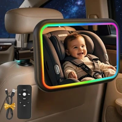 Immagine di Specchietto Retrovisore Bambini Specchio Auto Bambino con RGB Luce 360 Orientabili e Infrangibile Macchina Neonati Sedile Posteriore Ampio Chiaro