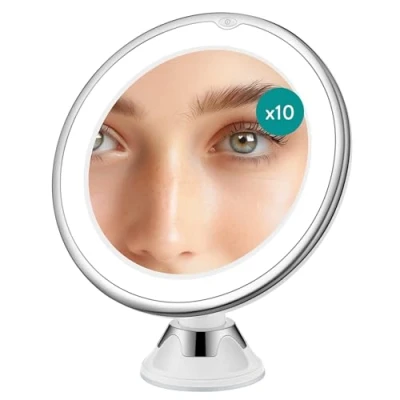 Immagine di Navaris Specchio da Trucco Ingranditore 10x con Luce LED e Ventosa Parete Specchietto Ingrandimento per Make Up Bagno Funzionamento Batterie Viaggio Bianco
