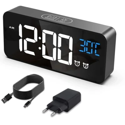 Immagine di HERMIC Sveglia Digitale, da Comodino con Temperatura, Orologio Digitale 2 Allarme, Snooze, 4 Livelli di Luminosità, Controllo Vocale, USB Ricaricare, Sistema 12/24 Ore (Nero)