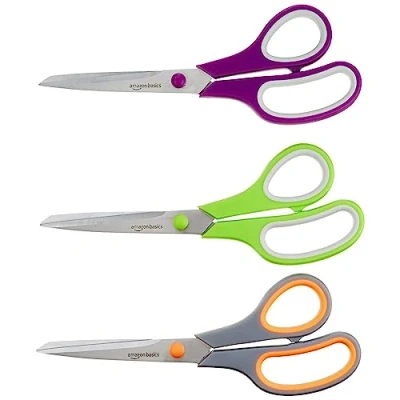 Immagine di Amazon Basics Forbici da ufficio multiuso, con impugnatura confortevole, rivestite in PVD, acciaio inossidabile, confezione 3, Multicolore