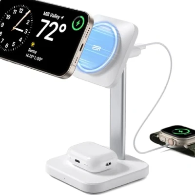 Immagine di ESR Stazione di Ricarica 2 in 1 per Apple, Supporto Magsafe iPhone [Certificato], più dispositivi 16/15/14/13/12, Apple Watch e Airpods 4, Bianco