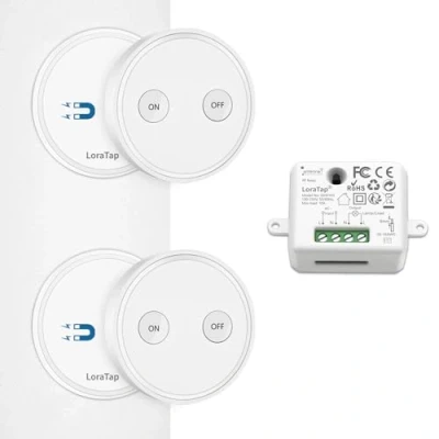 Immagine di LoraTap Kit de Interruttore Luce Senza Fili, 2 Telecomandi Wireless con Ricevitore Relè RF 10A, Interruttori ON OFF a Muro Controllo Distanza Vie per Lampade